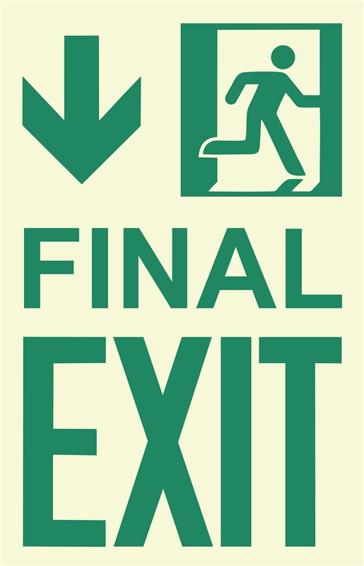 Photoluminescent Running Man Final Exit Sign, Down Arrow