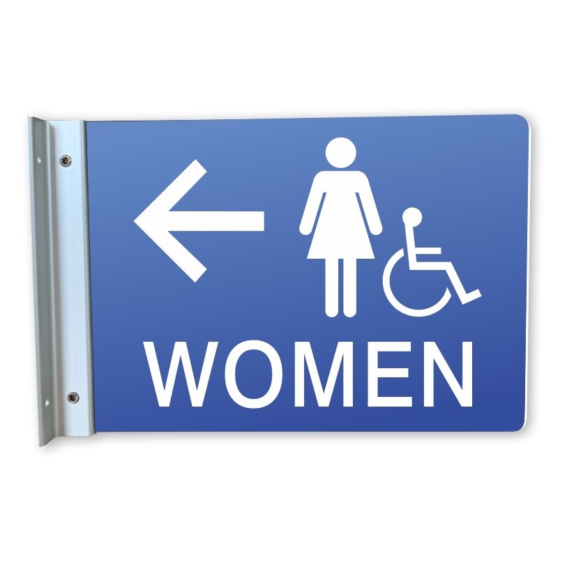 Handicap Women's Restroom Wall Projecting Sign, Left Arrow
